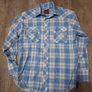 Rustler Mens Long Sleeve Plaid Western Pearl SnapShirt Size XL Cotton Blue White